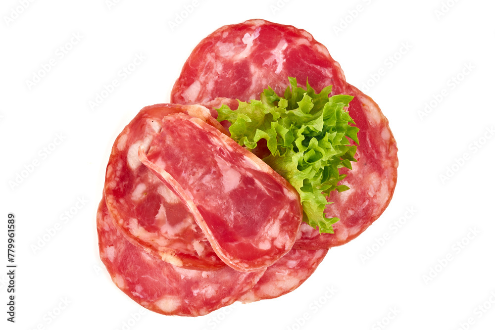Dry cured ham sausage, isolated on white background Dry cured ham sausage, isolated on white background