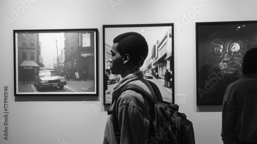 A series of black and white photographs capturing candid moments of everyday life, displayed in a timeless gallery.