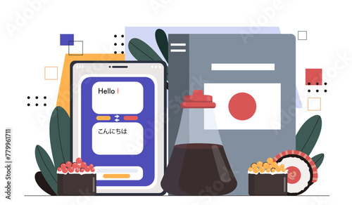 Language school japanese. Distant education, leraning and training. Culture and tradition of Japan. Online translator near sushi, rolls. Cartoon flat vector illustration isolated on white background photo