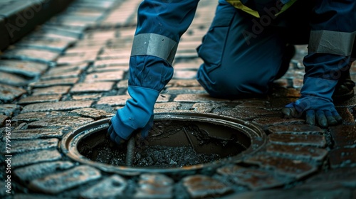 Worker Repairing a City Manhole