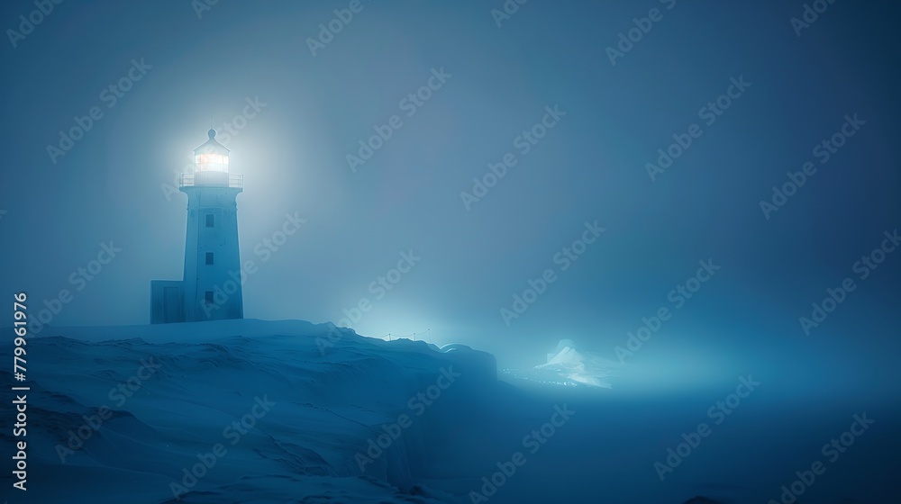 Serene Lighthouse Illuminating Foggy Night, Nautical Beacon of Hope in Misty Darkness, Peaceful Maritime Scene. AI