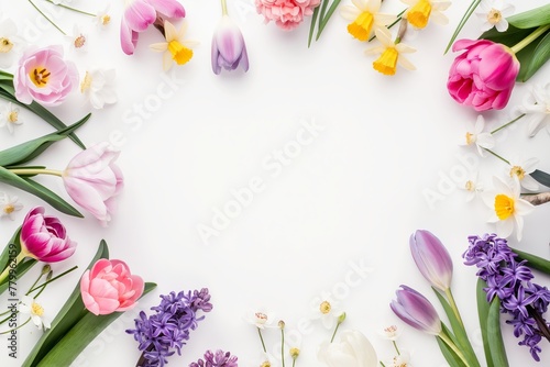 Spring flowers frame made of tulips, daffodils, crocuses, hyacinths, lilacs, cherry blossoms, azaleas on white background. Top view, flat lay, copy space in middle