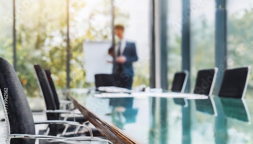  Defocused board meeting background behind glass wall 