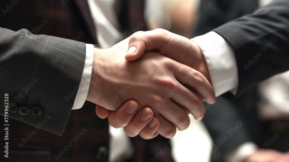 Businessman people in office with suits standing and shaking hands with employer, close-up. Business communication concept. Handshake and marketing. Success business teamwork or partners company.