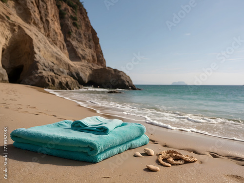 A turquoise towel on a sandy beach creates a serene setting for a summer getaway design.