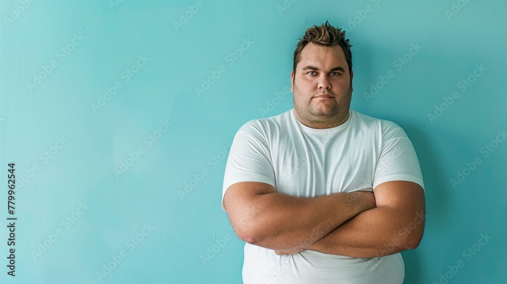 Health awareness: Closeup of overweight man in tight shirt, highlighting the importance of self-care and embracing body positivity