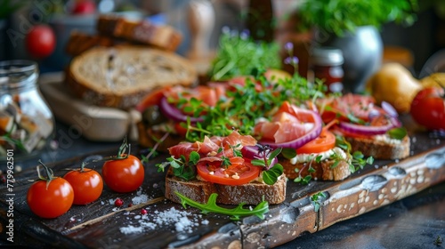 Danish dishes: Smerrebred sandwiches, a slice of bread, sauce, meat or fish base, vegetables, herbs, cheese, ham. 