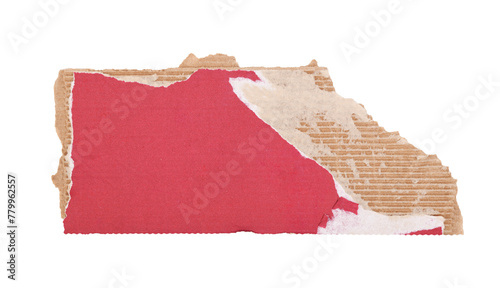 A piece of torn red cardboard on a white background. Torn wrinkled cardboard is used as a background design element.