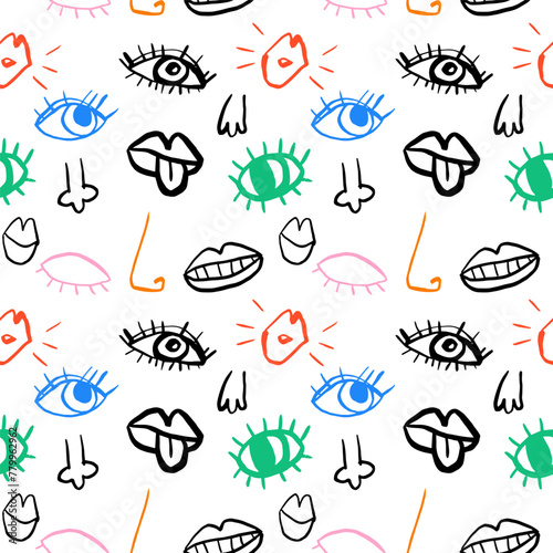 Colorful eyes, lips, noses seamless pattern in blue, green, pink, orange, black colors, hand drawn quirky doodle vector background