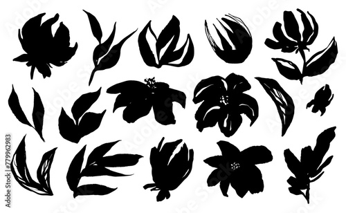 Hand drawn floral elements, abstract botanical decor in black color, quirky vector flowers simple set