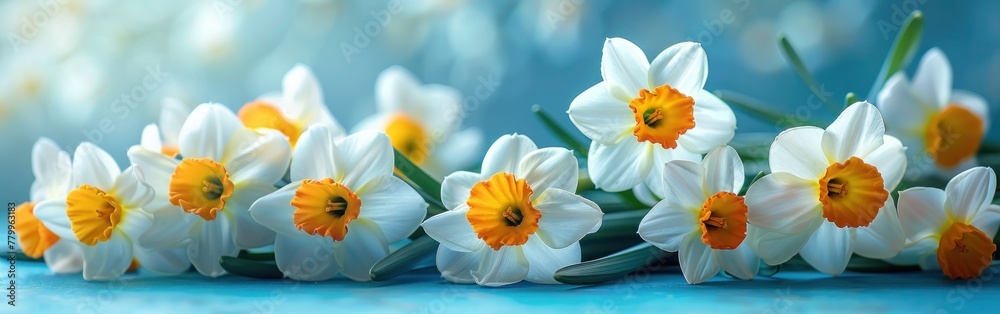 Springtime Greetings: Easter Flower Banner with Daffodils and Narcissus on Turquoise Table Top View Springtime Greetings: Easter Flower Banner with Daffodils and Narcissus on Turquoise Table Top View