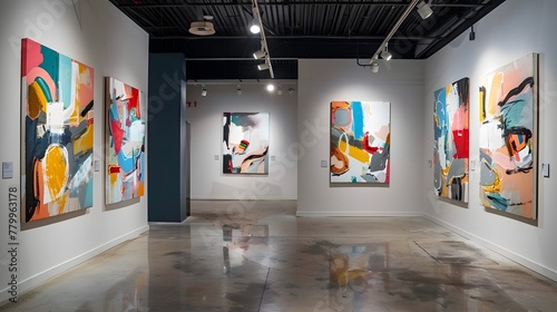 A series of abstract brushstroke paintings arranged in a modern art gallery, each canvas telling its own story.