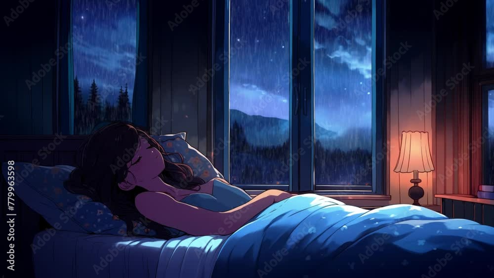 woman sleeping in a cozy bedroom, relaxing rain window and rain drops, lofi anime aesthetic, endless motion video woman sleeping in a cozy bedroom, relaxing rain window and rain drops, lofi anime aesthetic, endless motion video