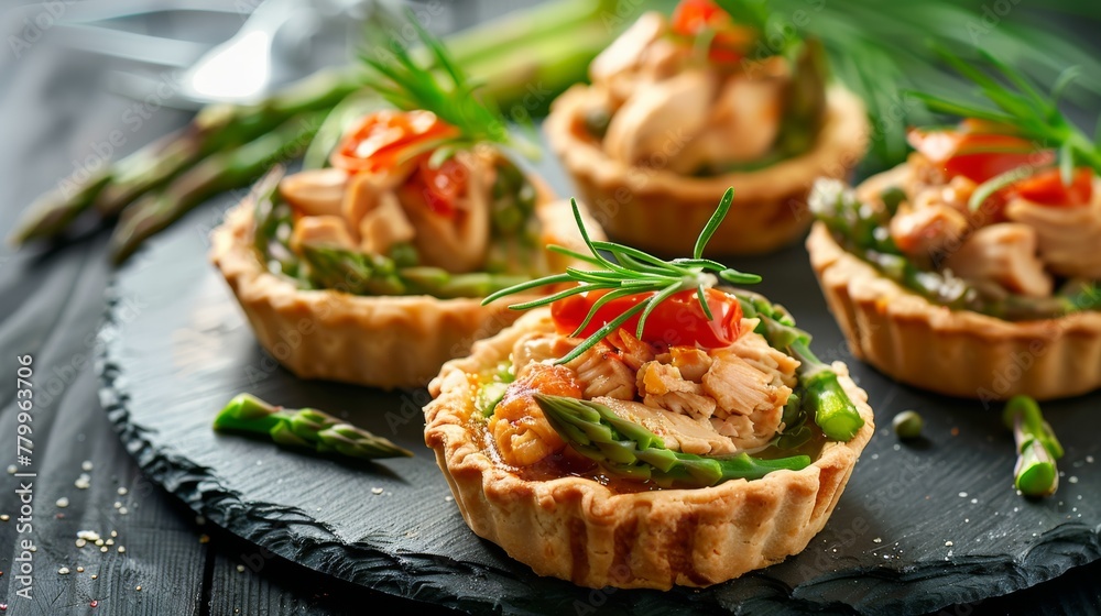 Danish dishes: Tartlets with chicken fillet and asparagus. 