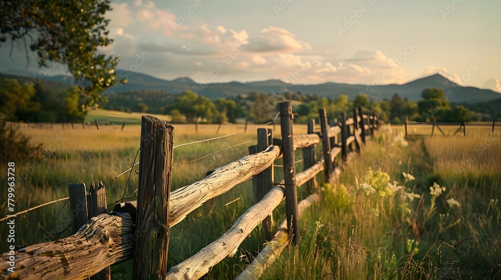 A rustic wooden fence stretches into the distance, providing a charming backdrop for a timeless portrait.