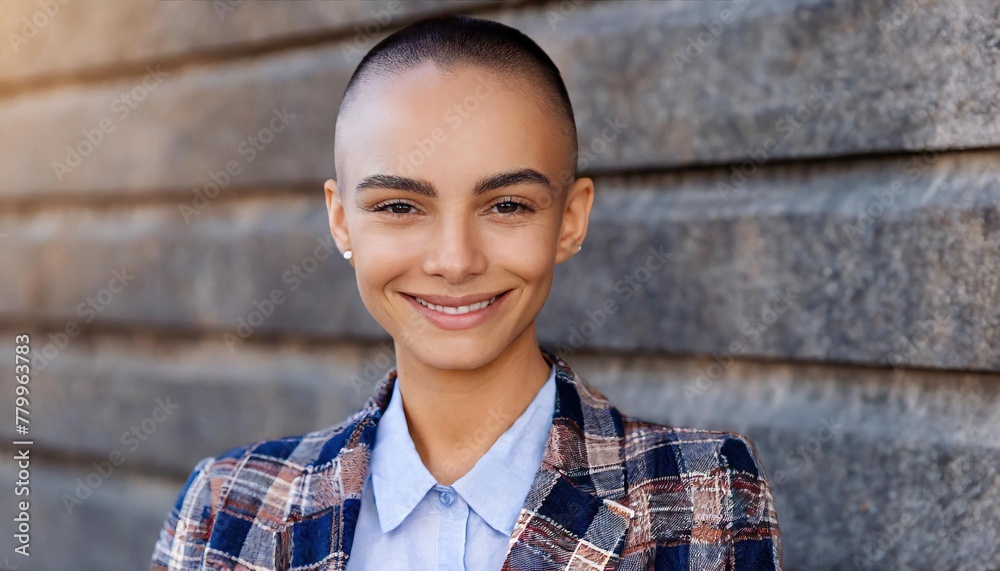 Happy woman with shaved head wearing plaid jacket standing in front of wall Happy woman with shaved head wearing plaid jacket standing in front of wall