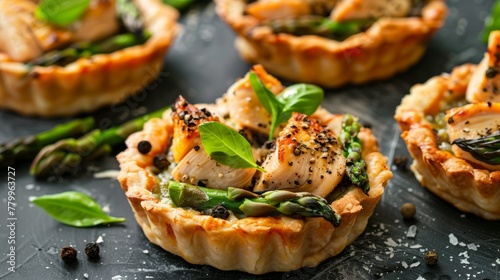 Danish dishes: Tartlets with chicken fillet and asparagus. 