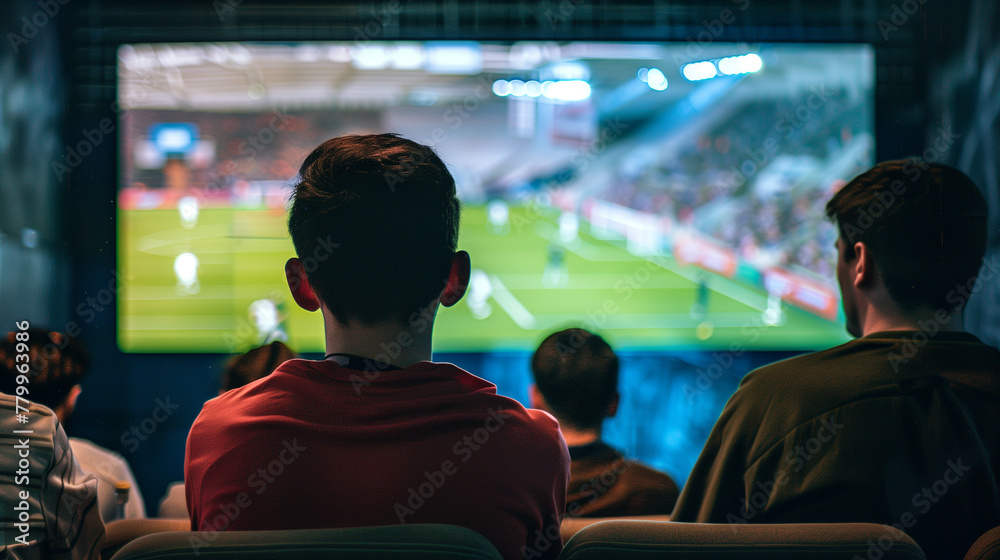 a group of young people different ages watches soccer match on big tv screen.