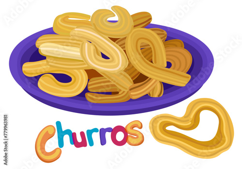 Churros served on plate. Spanish traditional sweet snack. Vector isolated illustration with lettering photo