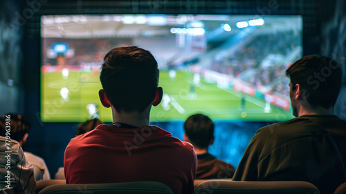 a group of young people different ages watches soccer match on big tv screen.