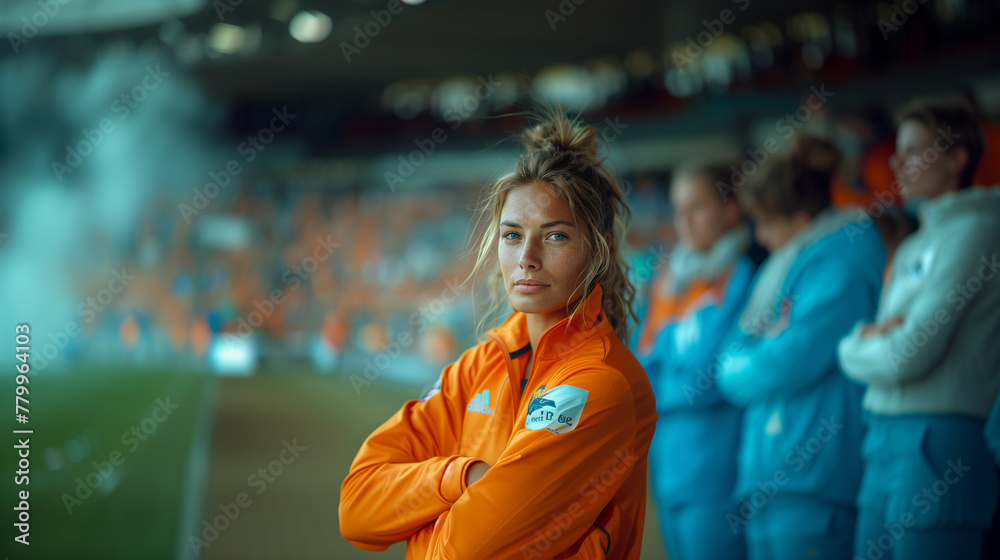 Fototapeta premium Confident Female assistant soccer coach looking at camera in the soccer stadium.