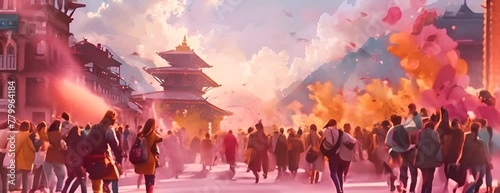 people celebrating for holi festival of colour in nepal , india .art illustration 4K Video photo