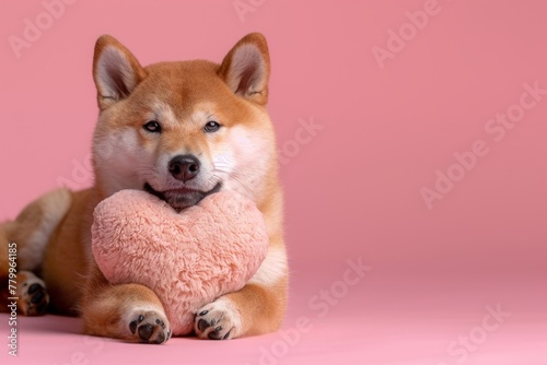 A Shiba Inu dog giving a hug to a pink plush heart, a display of affection and companionship.