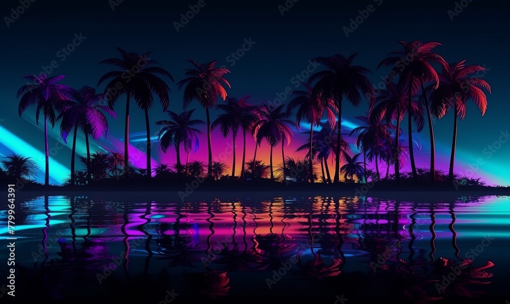 Obraz premium Coast with palm and night sky with neon glow background. Dark 80s island with ocean waves and reflection of trees and purple sunrise path