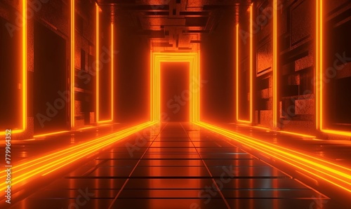 Techno temple hall with red neon lighting background. Realistic 3d empty room with laser lines and reflection