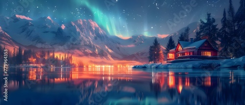 Enchanted Evening: Aurora Over Mountain Lake Retreat. Concept Nature Photography, Twilight Reflections, Remote Getaways, Celestial Views, Serene Landscapes