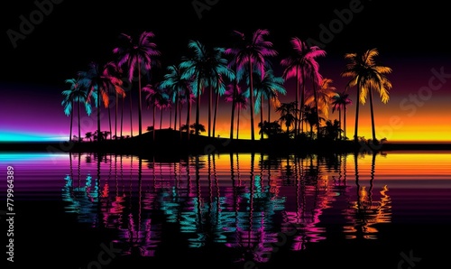 Sea coast with neon palm trees and sunset background. Night 80s purple island with ocean waves and reflection of trees and pink sunrise path