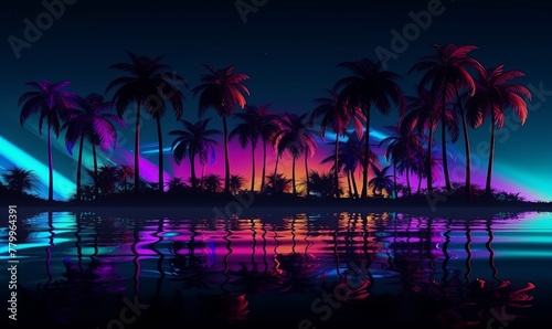Coast with palm and night sky with neon glow background. Dark 80s island with ocean waves and reflection of trees and purple sunrise path © Kyryl