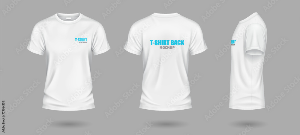 White t-shirts with copy space realistic vector illustration set. Casual apparel with print mockup template 3d objects on grey background White t-shirts with copy space realistic vector illustration set. Casual apparel with print mockup template 3d objects on grey background