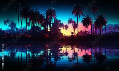 Tropical night coast with palm trees and neon sky background. Evening purple island with ocean waves and reflection of trees and pink sunrise path