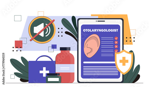 Otolaryngologist online concept. Pills and medicines. Heath care and treatment, diagnosis. Check of hearing abilities. Cartoon flat vector illustration isolated on white background