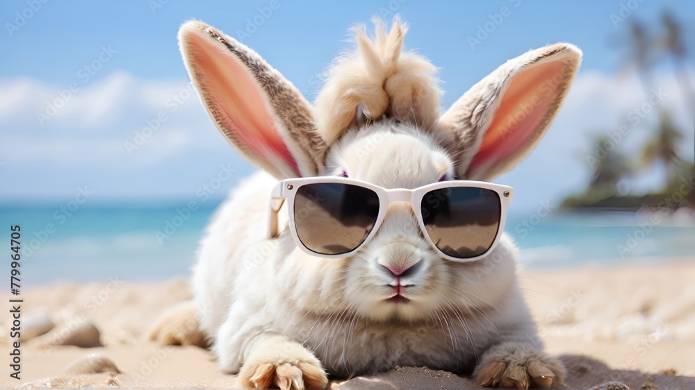 bunny wearing sunglasses on vacation on the beach,  brown rabbit and summer sea daytime background with white sand.