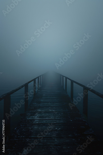 A dark grey bridge in the fog