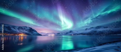 Tromso's Symphony: Aurora Over Tranquil Waters. Concept Night Photography, Natural Landscapes, Northern Lights, Water Reflections, Tranquility