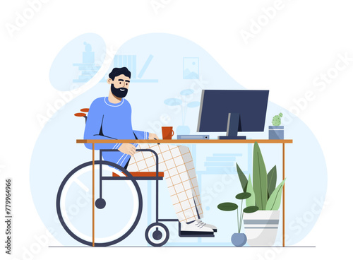Person in wheelchair at workplace. Man sitting near computer. Guy with disability with earnings on internet. Freelancer and remote worker. Cartoon flat vector illustration isolated on white background