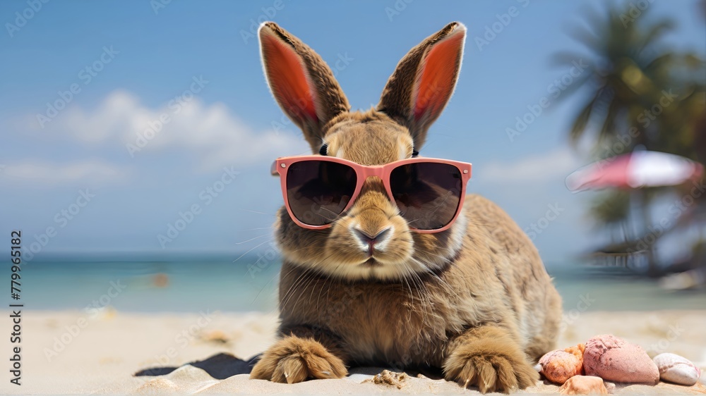 bunny wearing sunglasses on vacation on the beach,  brown rabbit and summer sea daytime background with white sand.