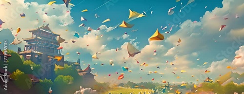 Summer kite festival in China: thousands of colorful kites fill the sky above ancient temples and fields. Art illustration. 4K Video photo
