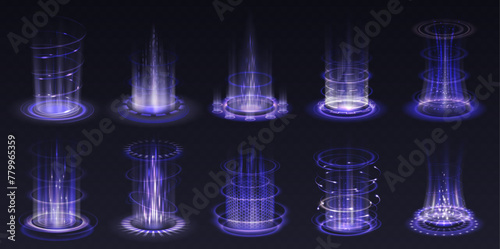 Level up purple energy effects realistic vector illustration set. Magical portals activation 3d elements on transparent background. Fantasy and template