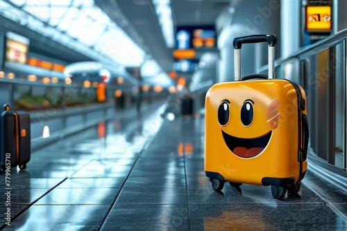 Smiling anthropomorphic suitcase wandering through an airport, carry-on design adorned with whimsical travel stickers, exuding joy with human-like eyes and a wide grin, travelers passing by photo