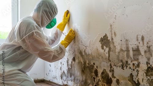 Man assesses mold-affected wall, contacting cleanup service to ensure safe, healthy living environments. © pvl0707