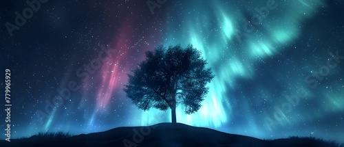 Ethereal Tree under Northern Lights Symphony. Concept Northern Lights Photography, Ethereal Trees, Nature's Symphonies