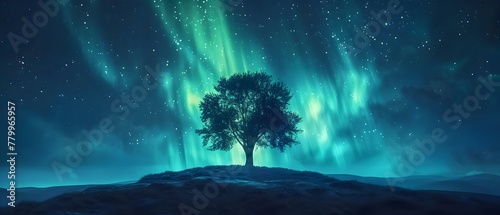 Serene Night Waltz: Auroras & Trees. Concept Northern Lights, Forest Photography, Night Sky, Light Painting, Natural Beauty photo