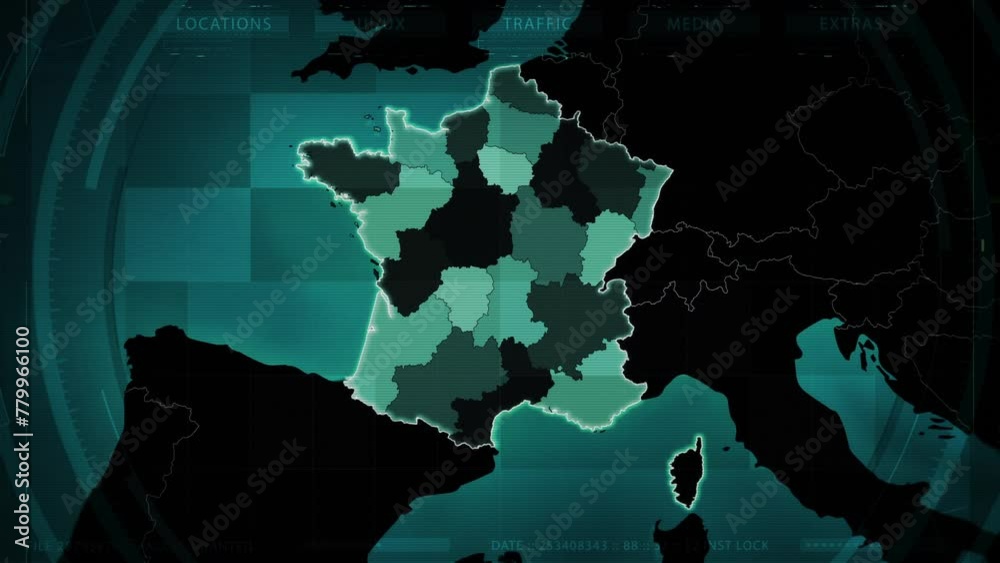 
Earth Map Animation. Zoom in to Map of France. Formed by separate areas or Administrative Regions, Airports, Routes and Highways.
