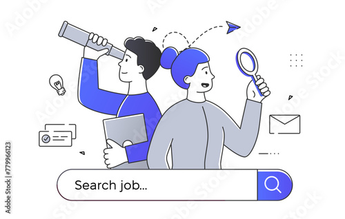 People search job linear. Man and woman with magnifying glass. Headhunting and recruiting. Jobless guy and girl, candidates at vacancy. Doodle flat vector illustration isolated on white background