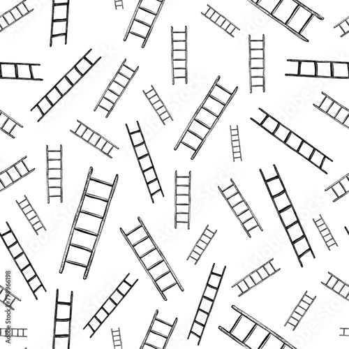 Hand drawn ladders floating and rotating at different angles against white backdrop. Elegant monochrome minimal surface art arranged in vector seamless pattern.