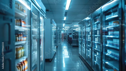 A row of refrigerated coolers inside a 24-hour pharmacy, housing temperature-sensitive medications and vaccines,